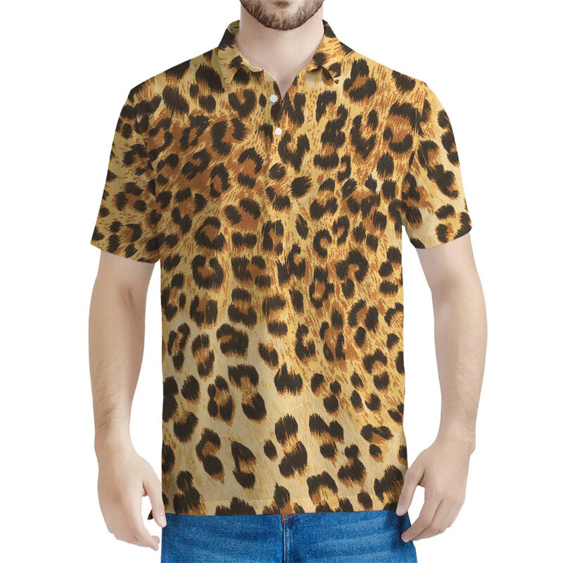 Camisa polo gráfico Leopardo colorida para homens e mulheres, impressa em 3D, manga curta, verão, personalidade, rua, solta, lapela tees