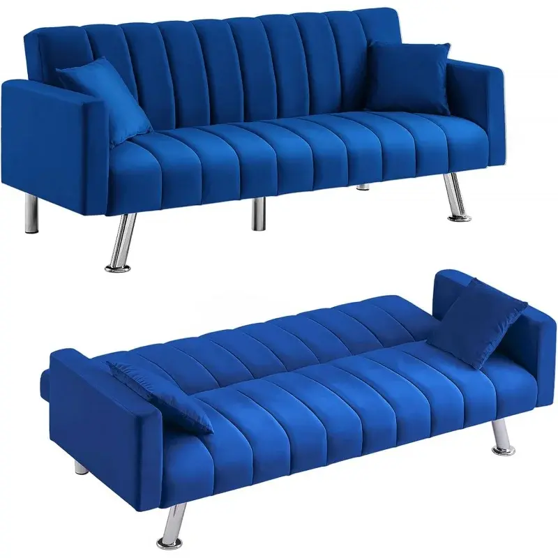AWQM-sofá cama tapizado Convertible, 2 almohadas, sofá cama de terciopelo moderno con marco de madera y pata de Metal