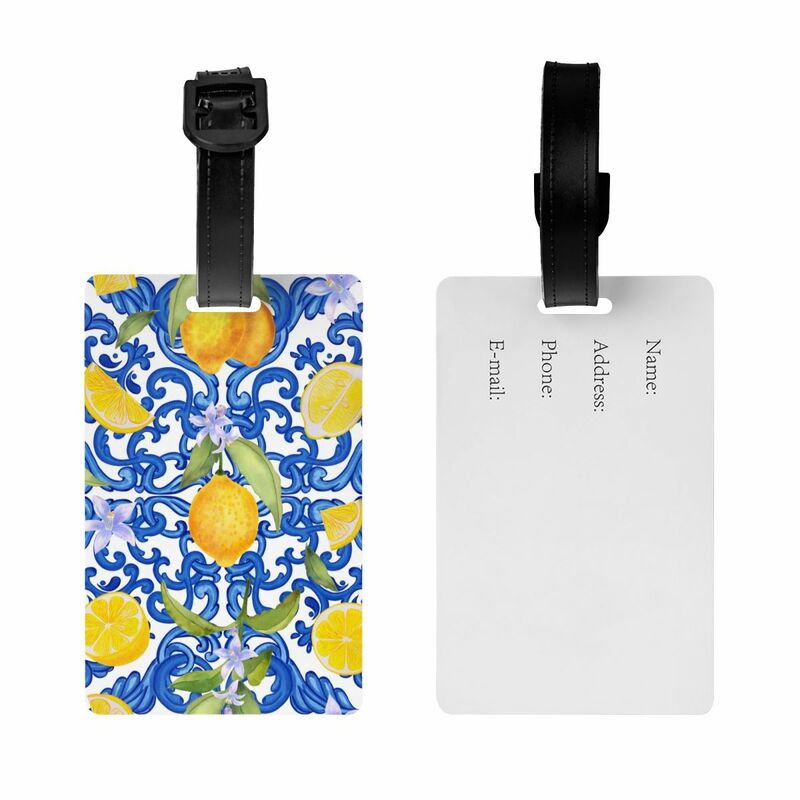 Etiqueta de identificación personalizada para equipaje, cubierta de privacidad para maleta, limones de frutas, azulejos mediterráneos de verano
