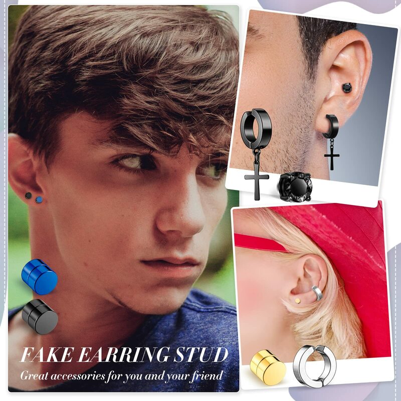 10 Pairs Magnetic Stud Earrings Stainless Steel Non Piercing Cross Dangle Hoop Earrings Unisex Clip on CZ Magnet Earring Set