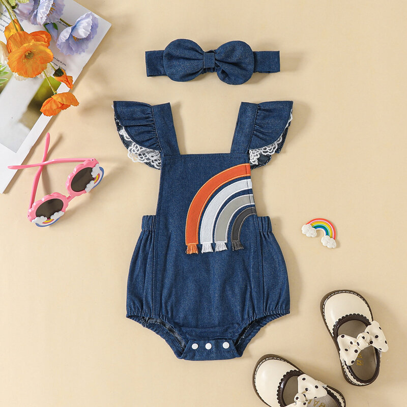 Tuta da neonata vestito ricamo arcobaleno manica a mosca pagliaccetto con fascia per capelli Bowknot vestiti estivi