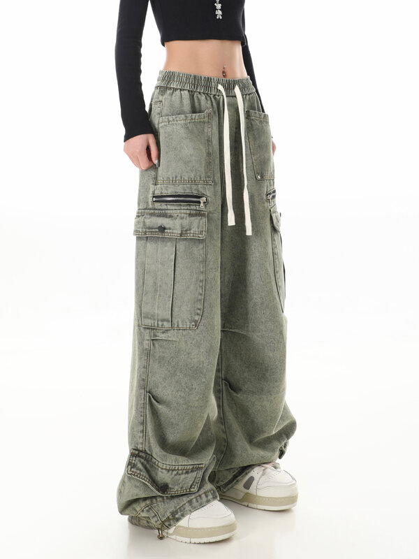 กางเกงยีนส์ทรงคาร์โก้สไตล์ Y2k สำหรับผู้หญิง, กางเกงยีนส์ทรงหลวมสไตล์ญี่ปุ่น2000s สไตล์วินเทจ