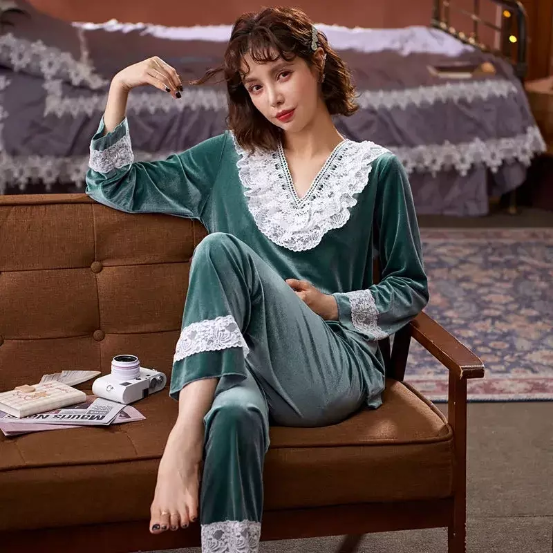 6911-13 пижама в Корейском стиле, Женская трехсезонная золотистая бархатная пижама с длинным рукавом, можно носить под открытым небом, домашний сервис