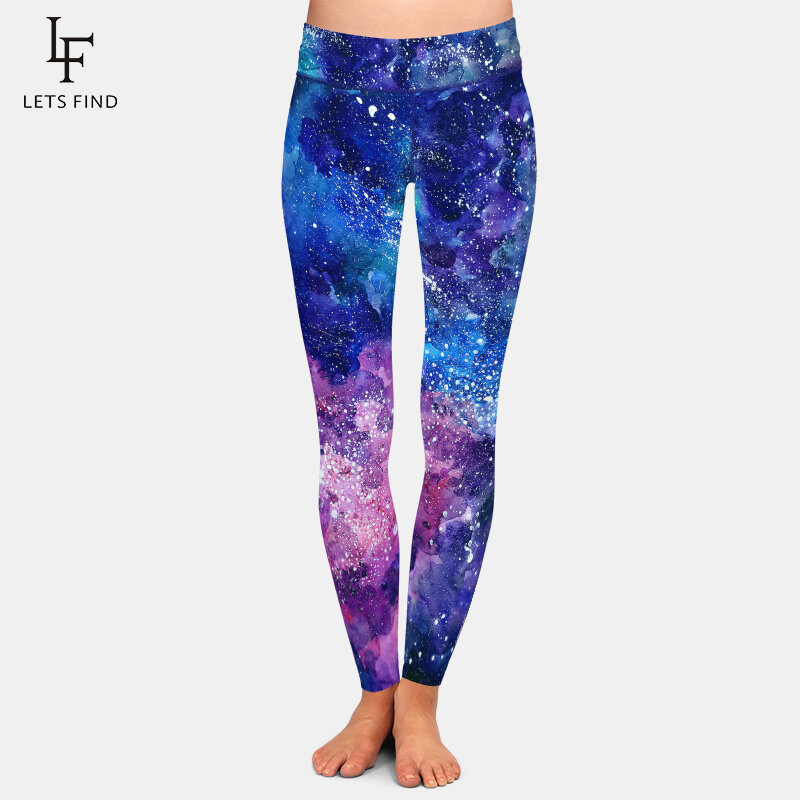 Letsfind nova chegada bela galáxia padrão imprimir cintura alta mulheres leggings moda fitness magro feminino nona calças