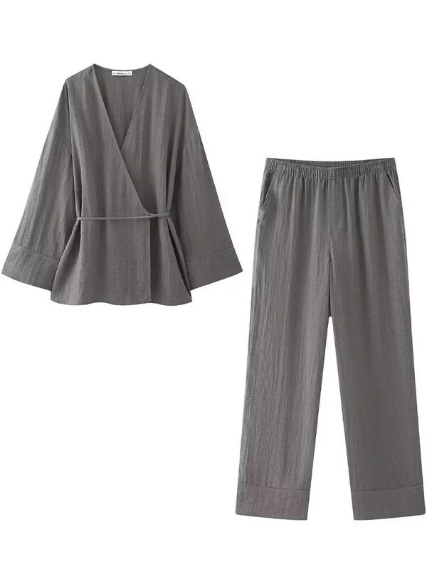 Damenmode zweiteiliges Set graues Schnür lose Mäntel yk2 Vintage Hose mit hoher elastischer Taille Feamle Chic Lady Tops Hosen-Sets