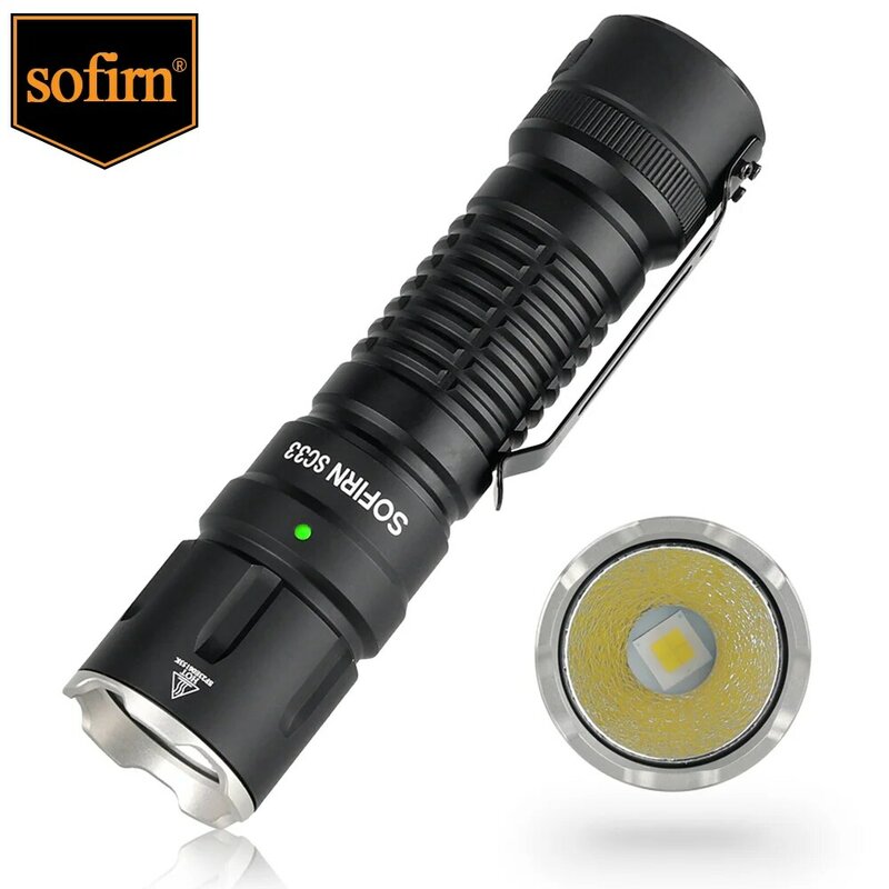 Sofirn SC33 5200 lumen LED torche XHP70.3 HI torche tactique Puissante torche rechargeable 21700 USB C avec interrupteur arrière E éclairage externe, puissante torche pour la chasse, la police, la défense personnelle