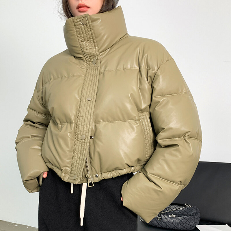 Gidyq Winter Pu Leer Cropped Parka 'S Vrouwen Mode Streetwear Dikke Warme Donsjack Dames All Match Rits Puffty Bovenkleding
