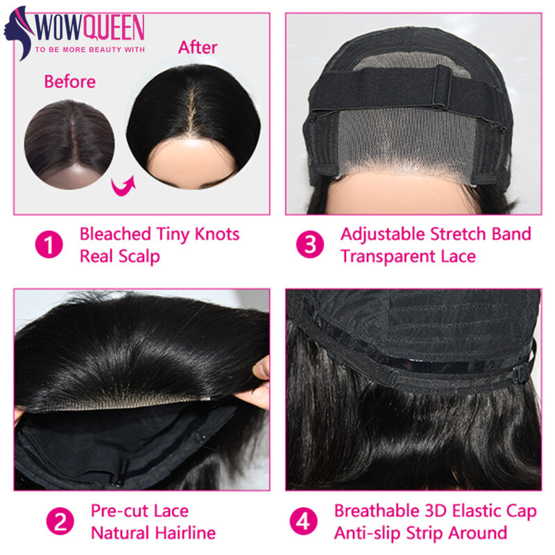 Peruca de cabelo humano reta sem cola para mulheres, fácil e fácil, pré-cortado 4x4, fechamento de renda HD, pronto para vestir, pré-arrancado, densidade 180