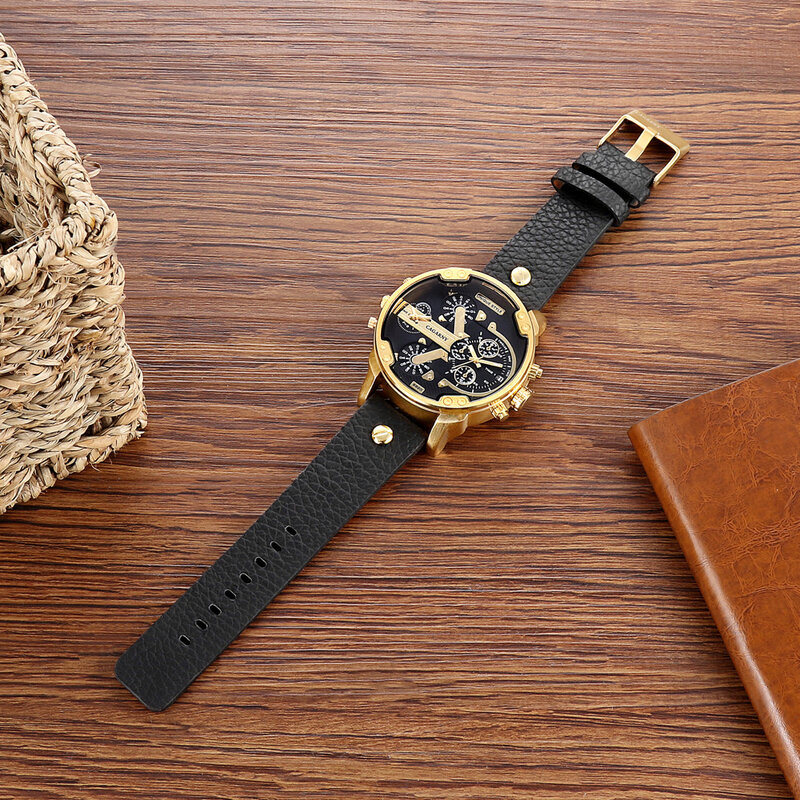 Мужские кварцевые наручные часы с большим циферблатом и кожаным ремешком