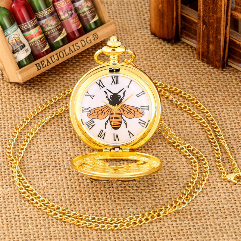 Relógio de bolso bronze para homens e mulheres, oco para fora, tampa abelha, quartzo, relógio analógico, mostrador romano, corrente Fob Sweater, relógio dourado