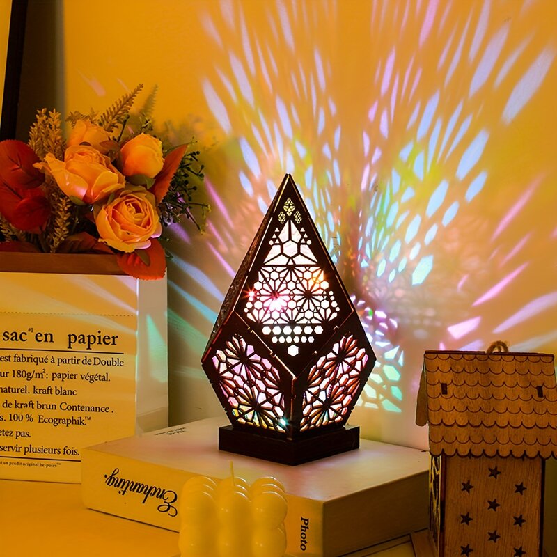 Lámpara de pie LED de madera rústica, proyección 3D bohemia de 7,87 pulgadas, carga USB, luces de diamante coloridas, diseño hueco geométrico