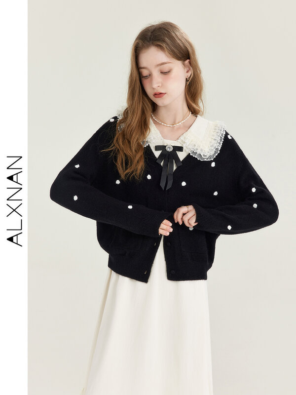 ALXNAN gaun Midi sweter mewah, setelan dua potong gaya Perancis baru, gaun kerah kasual wanita, kardigan rajut T01009 2024