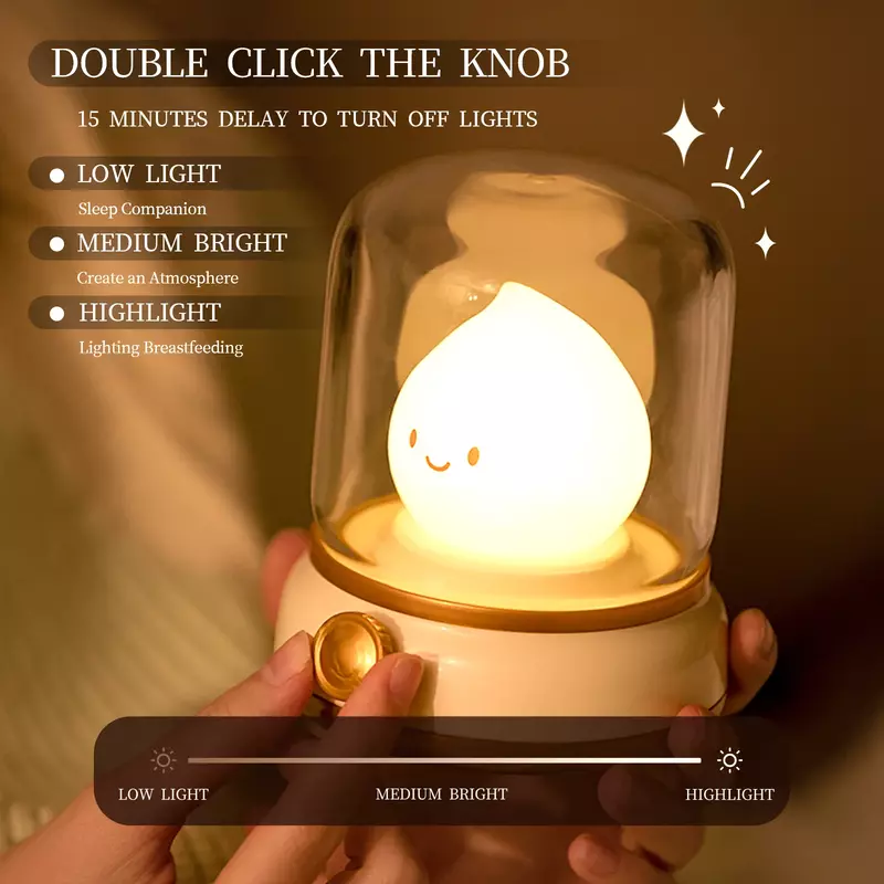 USB recarregável LED vela noite luz, lâmpada de querosene bonito, luz do quarto criativo, presente das crianças, desktop lâmpada decorativa