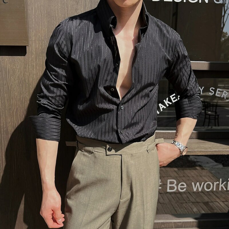Мужская винтажная рубашка в полоску с длинным рукавом, универсальная деловая рубашка приталенного силуэта с острым воротником без складок, 2024, высокое качество