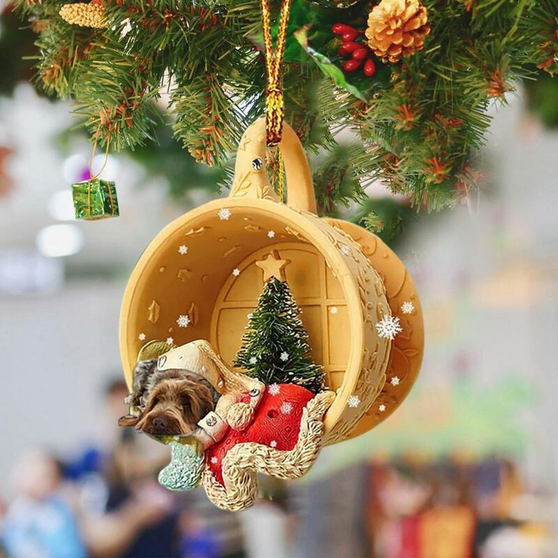 Hiasan pohon Natal anjing cangkir 3D dekorasi mobil rumah meriah akrilik ornamen pagar datar Noel Navidad