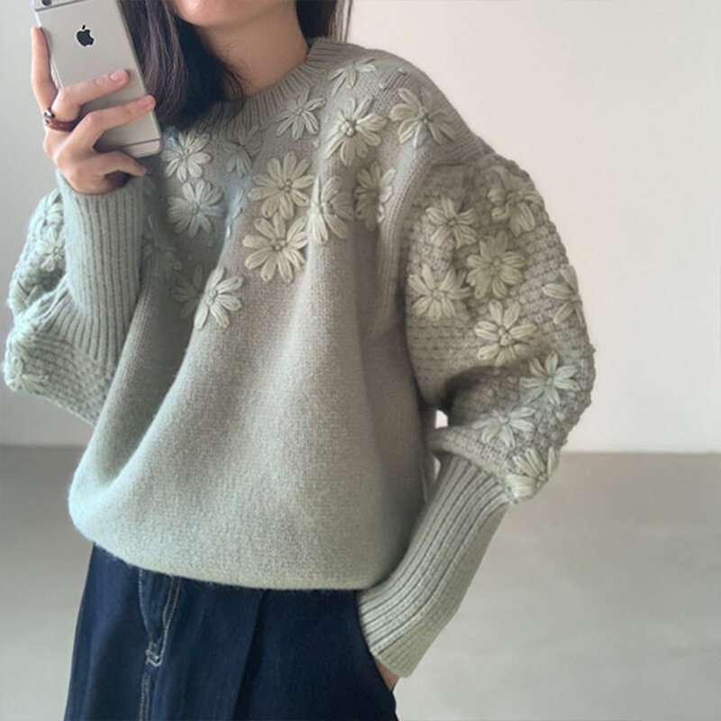 Damski dorywczo koreański sweter z dzianiny z kwiatowym haftem wokół szyi z długimi rękawami Vintage Fashion Baggy bluzki damskie jesień