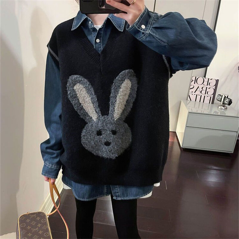 Modny damski Kawaii Cartoon Streetwear Harajuku oversizear sweter z dzianiny kamizelka Y2K na co dzień bez rękawów z dekoltem w szpic
