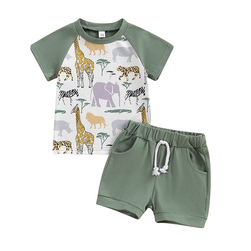 Visogo-男の子の夏の衣装,動物のプリントが施された半袖Tシャツと伸縮性のあるショーツ,2ピースのバケーションウェアセット