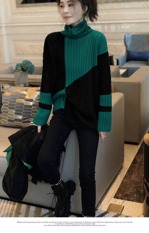 Kontrastowy kolor sweter z golfem kobiet sweter moda temperament miękki woskowy jesień i zima sweter z długim rękawem sweter