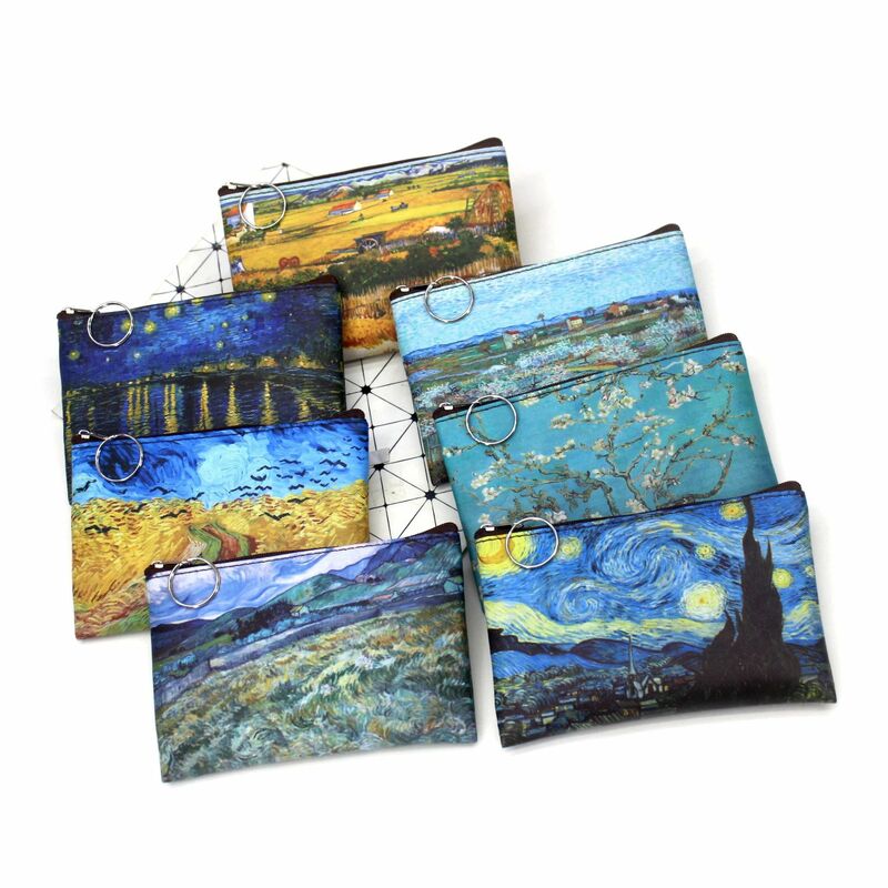 Vintage Oil Painting Canvas Cosmetic Bag Van Gogh Art Sunflower Star Moon Night Makeup Pouch Bag Travel Coin Purse Wallets Women