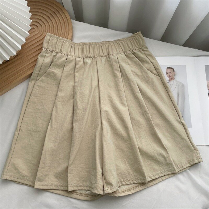 Pantalones cortos transpirables de estilo japonés para mujer, Shorts de cintura alta elástica, holgados, básicos, sencillos, para vacaciones de verano y playa