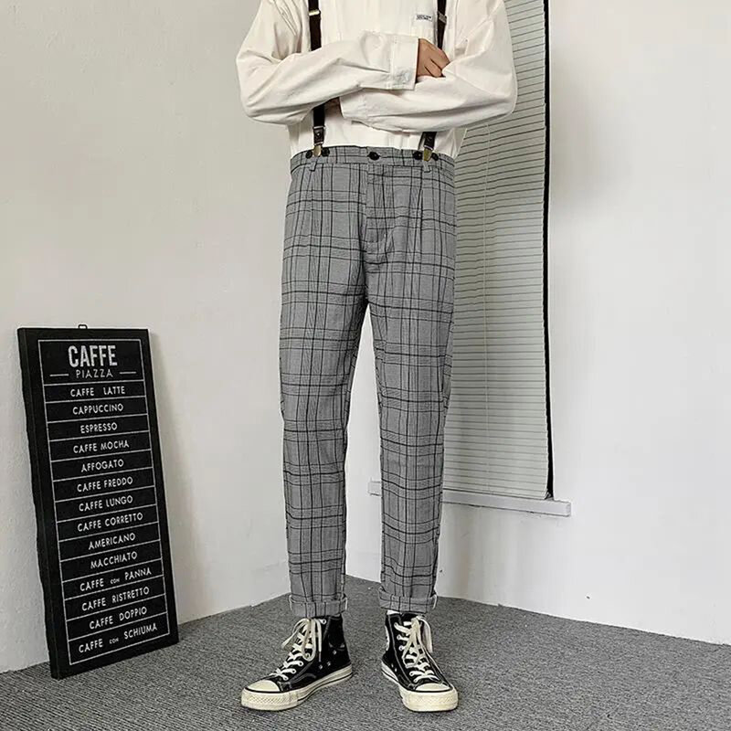 Streetwear calças xadrez homens joggers stragiht calças coreano hip hop geral solto calças do vintage tendência da moda harajuku