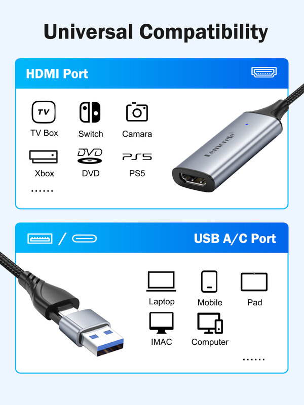 Carte de capture vidéo Lemorele AC05 1080p60Hz HDMI vers USB/USB-C HDMI Video Grabber pour caméra d'ordinateur Live Stream Record Meeting