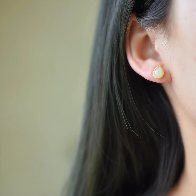 S925 Silver Inlaid Natural Hetian Jade Stud Earrings Fashion Women Ear Hook Earring Jewellery Gift Social Party Gemstone Jewelry