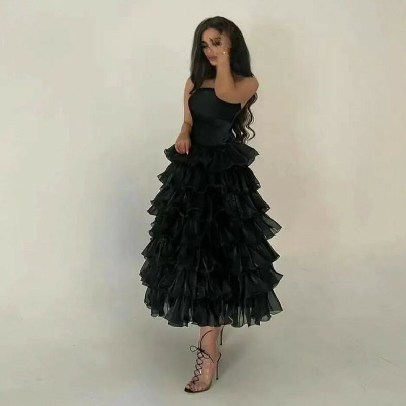Prom Dresses for Wedding Guest Special Occasion Strapless Zipper Back Homecoming Party Gowns Tiered Organza Evening Dress