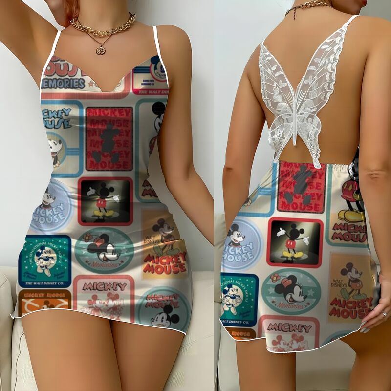 Spódnica od piżamy Moda Letnie sukienki 2024 Disney Sukienka bez pleców Myszka Minnie Kokarda Węzeł Mickey Satynowa powierzchnia Damska impreza Mini Sexy