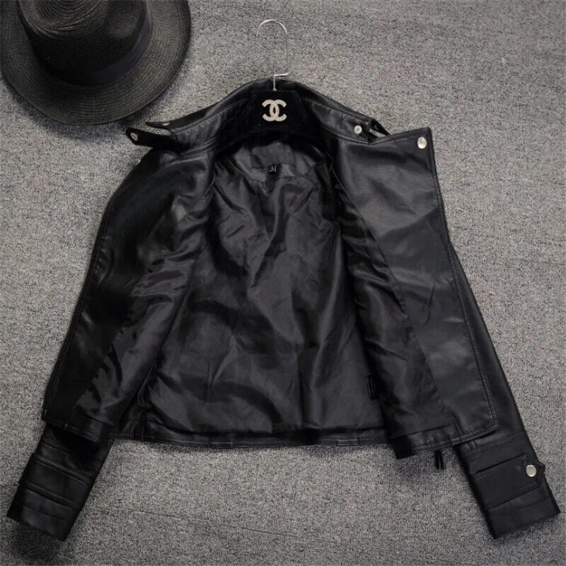 2024 spring and autumn new slim-fit lapel leather coat women's short coat women's pu jacket motorcycle wear women's wear