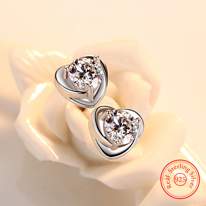 Genuine 925 Sterling Silver Fshion Jewelry Crystal Heart Stud Earrings For Women New XY0208