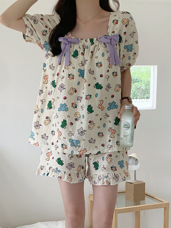 Summer Pajamas For Women Printed Square Collar Short Sleeves Shorts Thin Sleepwear With Chest Pads Korean New Home Nightgown
