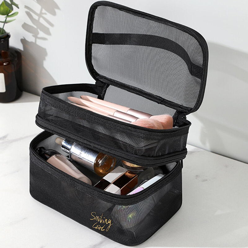 Simples Black Mesh Maquiagem Case Organizador Bolsa de armazenamento Casual Zipper Toiletry Wash Bags Make Up Mulheres Viagem Cosmetic Bag Pacote