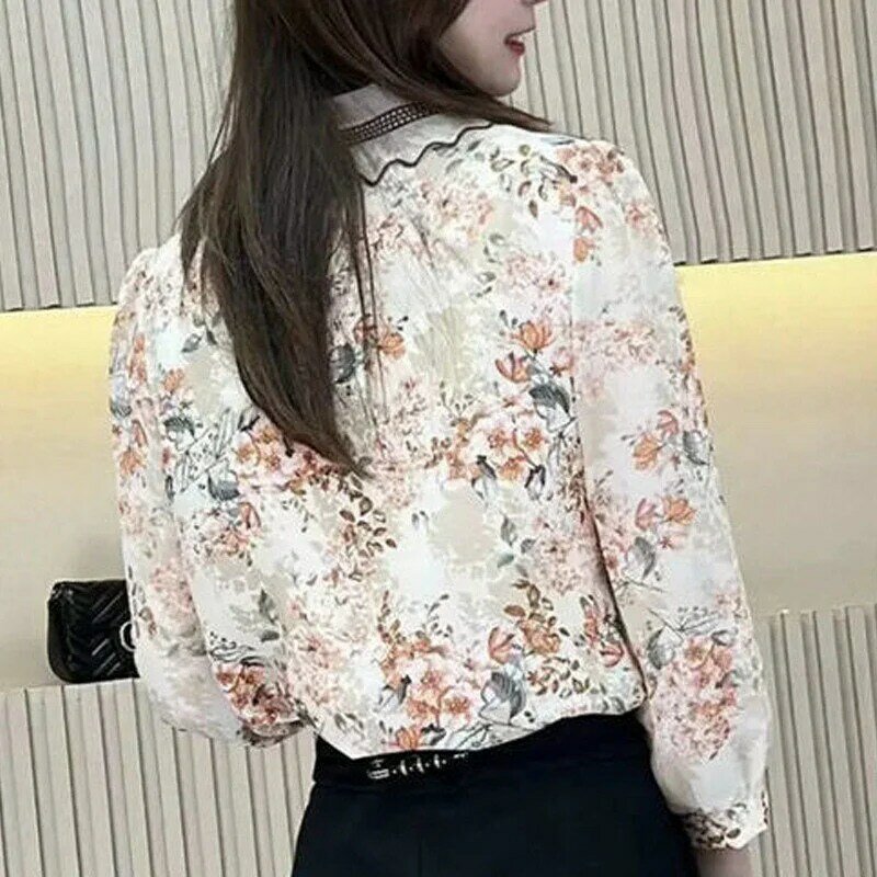 Vintage floral impressão malha bordado rendas até elegante chique senhoras topos primavera verão moda doce magro blusa camisa feminina