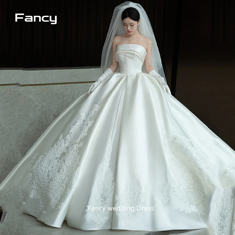 Fancy Elegant Korea Satin Lace Applique abito da sposa servizio fotografico abiti da sposa principali senza maniche smilesmuslimay singles Custom Made