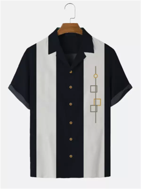 Stripes Simple Casual Dress Shirts European Size Men's Hawaiian Fashion Short Sleeve Loose Breathable Top Button Summer