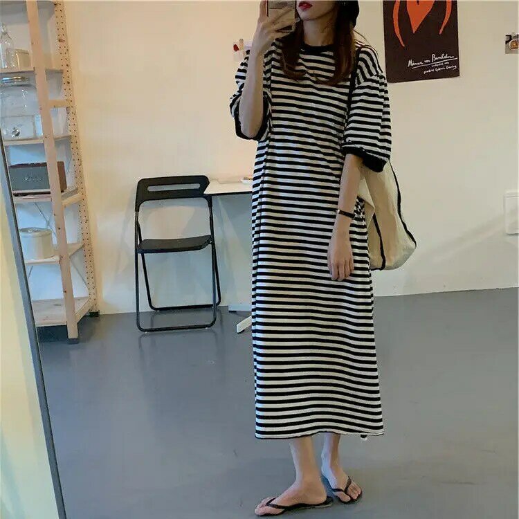 Design Sense Cool and Cute Black and White Striped Dress Women 2024 Summer Fat Mm Women's Large Loose T-shirt Skirt