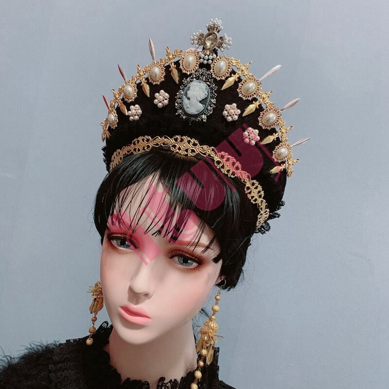 Tocado de corona de Tudor renacentista, estilo de palacio isabelino, Retro, precioso, gótico, Lolita, cadena de cuentas, KC, diadema, sombrero, adorno