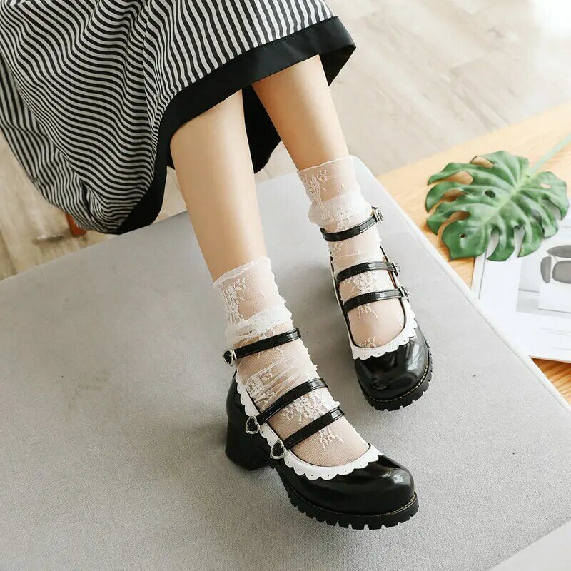 Chaussures japonaises pour filles et femmes, escarpins de Style britannique rétro Mary Jane, chaussures princesse Lolita à talon épais, bout rond noir, uniforme JK, Shoe30-46