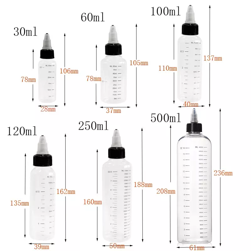 Botellas de tinta de plástico vacías para tatuajes, envases de loción transparentes con tapa retorcida, color negro, 30/60/100/120/250/500ML