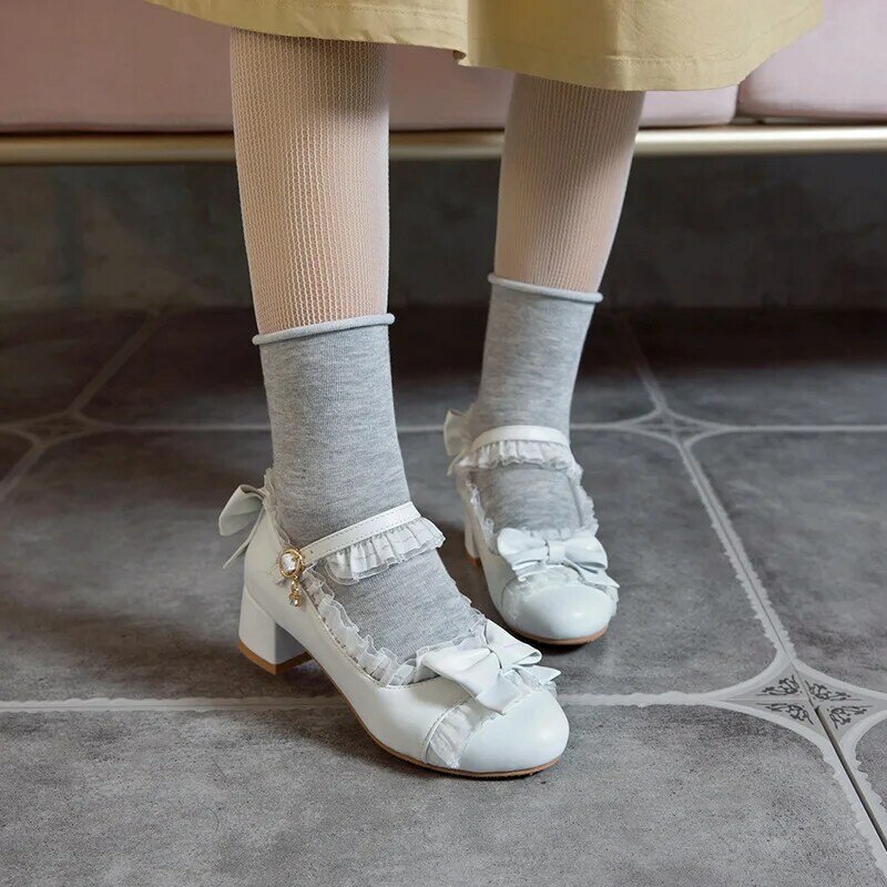 Dzieci dziewczyny buty na wysokim obcasie Lolita buty Mary jane słodkie falbany Bowknot księżniczka Party Dress buty ślubne rozmiar 28-39