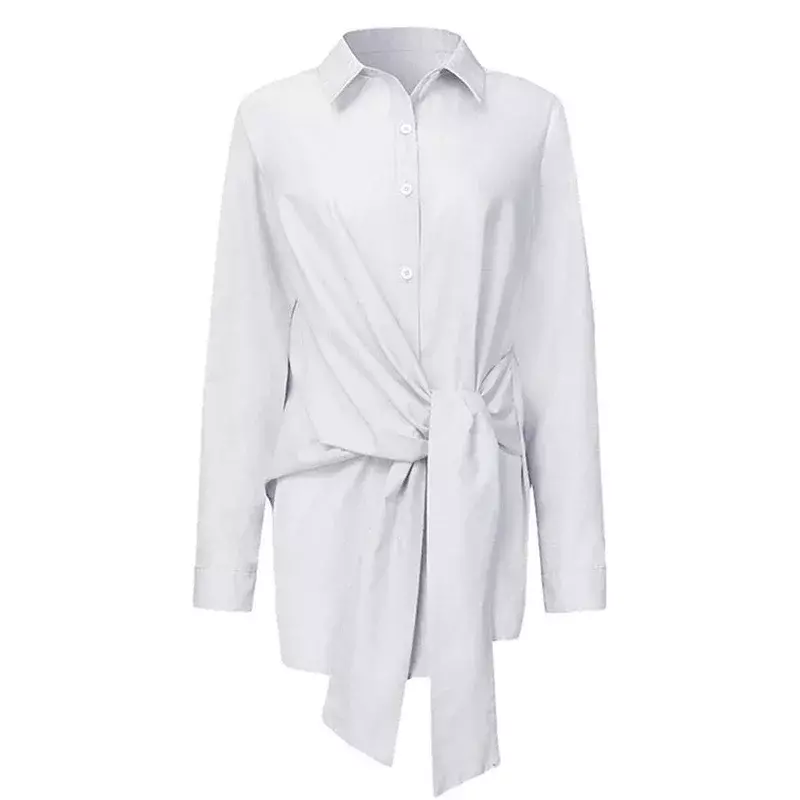 Camisa de manga larga para mujer, blusa blanca con botones, fruncida, holgada, de algodón, para oficina, novedad de 18659