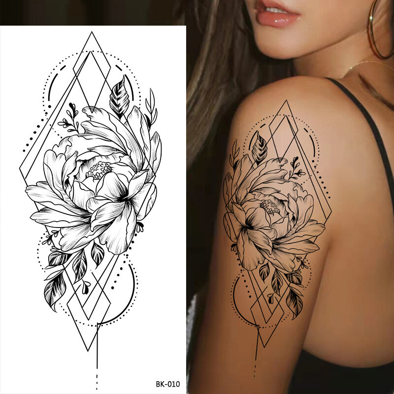 Искусственная тату-наклейка большого размера с черным цветочным узором для женщин, временные татуировки «сделай сам» в горошек, с розой, пионами, Переводные татуировки для девочек