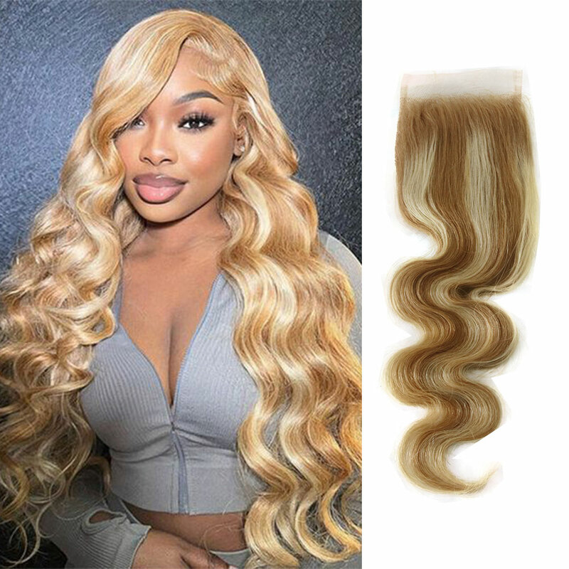 Llinhua Highlight P27/613 Water Wave Transparent Lace Clsoure 4x4 Body Wave Straight Human Hair Closure  Honey Blonde Color