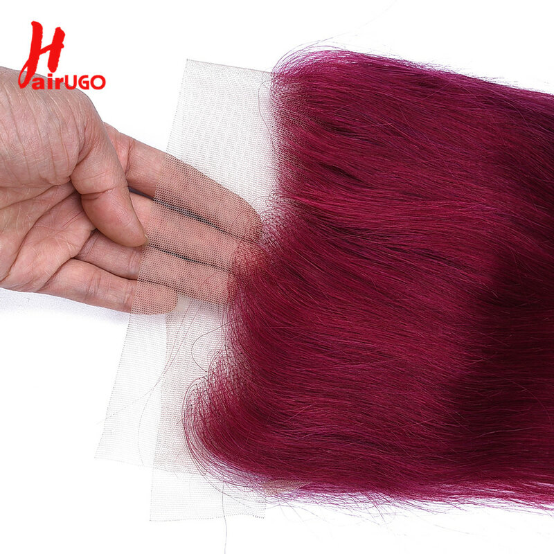 HairUGo-Peluca de cabello humano liso de 13x4, postizo de encaje Frontal Remy 100%, encaje Frontal transparente Borgoña, 130% de densidad