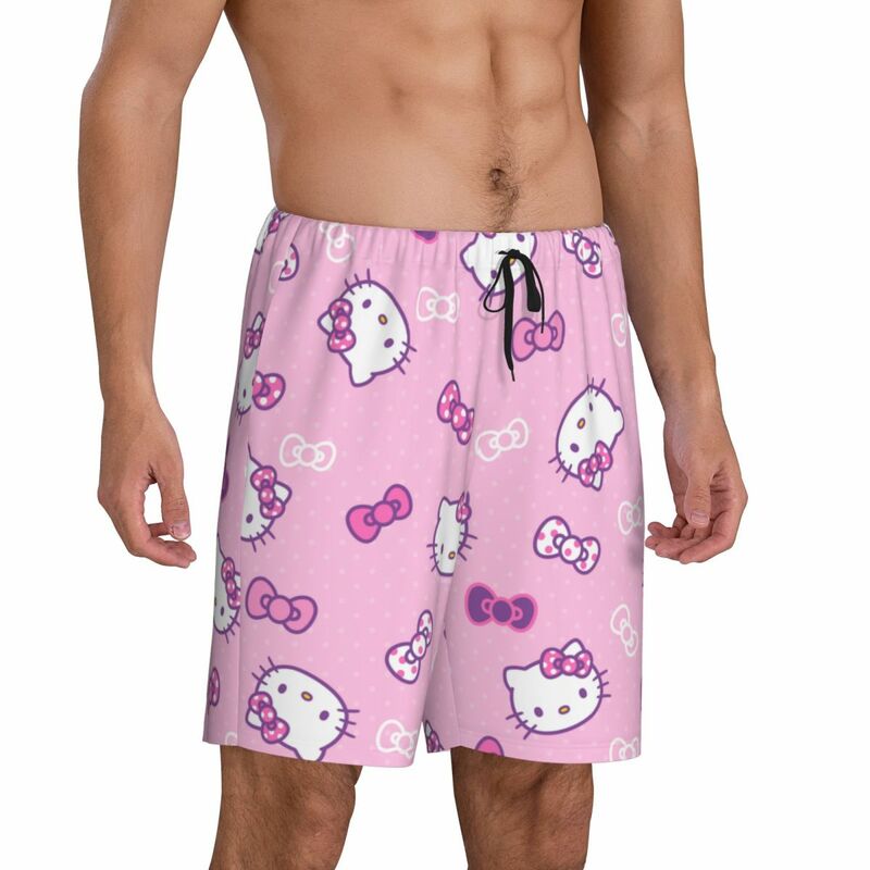Custom Print Men's Pink Bow Animated Anime Hello Kitty Pajama Bottoms Sleepwear Pjs Sleep Shorts with Pockets
