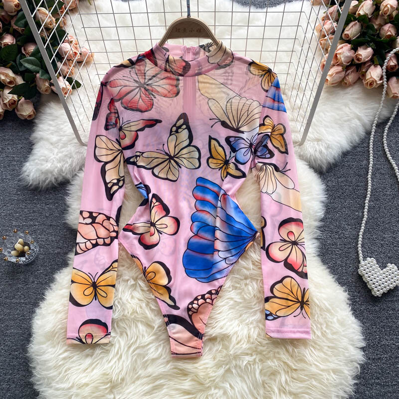 Women's Triangle Bodysuit Butterfly Print Trendy Sexy Perspective Long Sleeve Print One Piece Bottoming Shirt Free Shipping