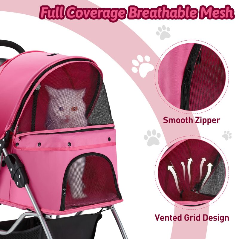 Cochecito plegable para perros y gatos, carrito rosa de 4 ruedas para mascotas medianas y pequeñas, para correr