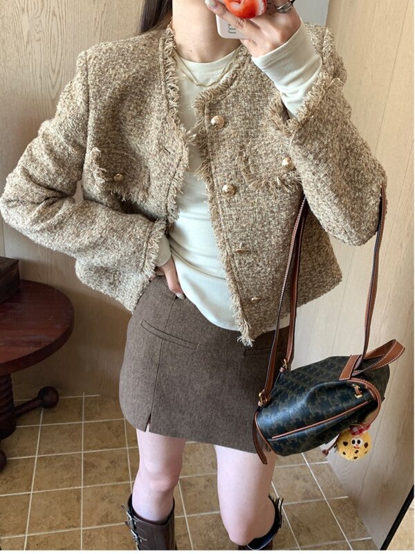 여성용 긴팔 짧은 스타일 작은 향기 코트, 루즈 한국 패션, 캐주얼 스타일 코트, 여성 의류, 2024 용수철 신상